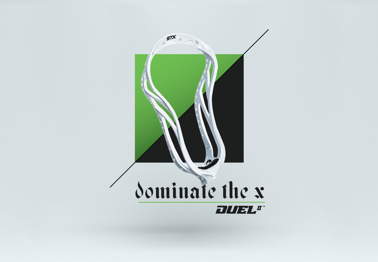 photo of the stx duel ii lacrosse head and text that reads 'dominate the x'